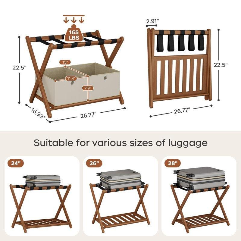 Ceviz Bambu Katlanabilir Raflı Valiz Sehpası - 68x43x58 cm - 187391