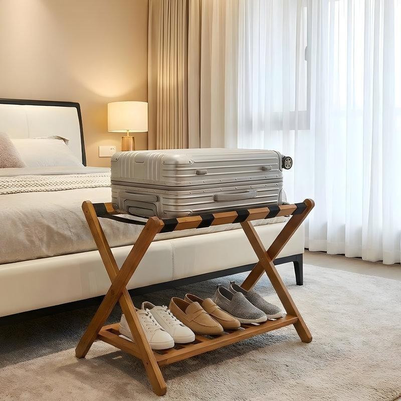 Ceviz Bambu Katlanır Raflı 2li Set Valiz Sehpası - 68 cm - 187011