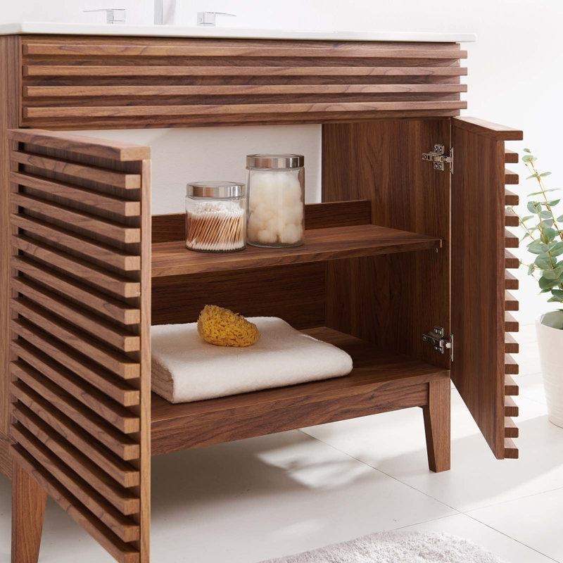 Ceviz Endüstriyel Ahşap Çıtalı Panelli Yüzyıl Ortası Modern Banyo Lavabo Dolabı - 92 cm - 201263
