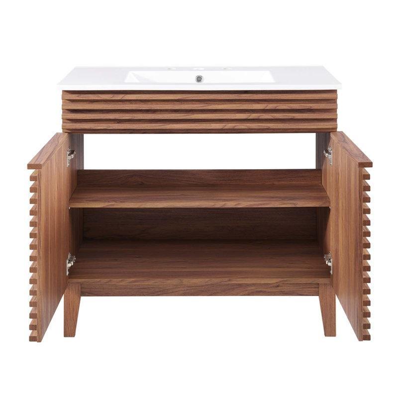 Ceviz Endüstriyel Ahşap Çıtalı Panelli Yüzyıl Ortası Modern Banyo Lavabo Dolabı - 92 cm - 201263
