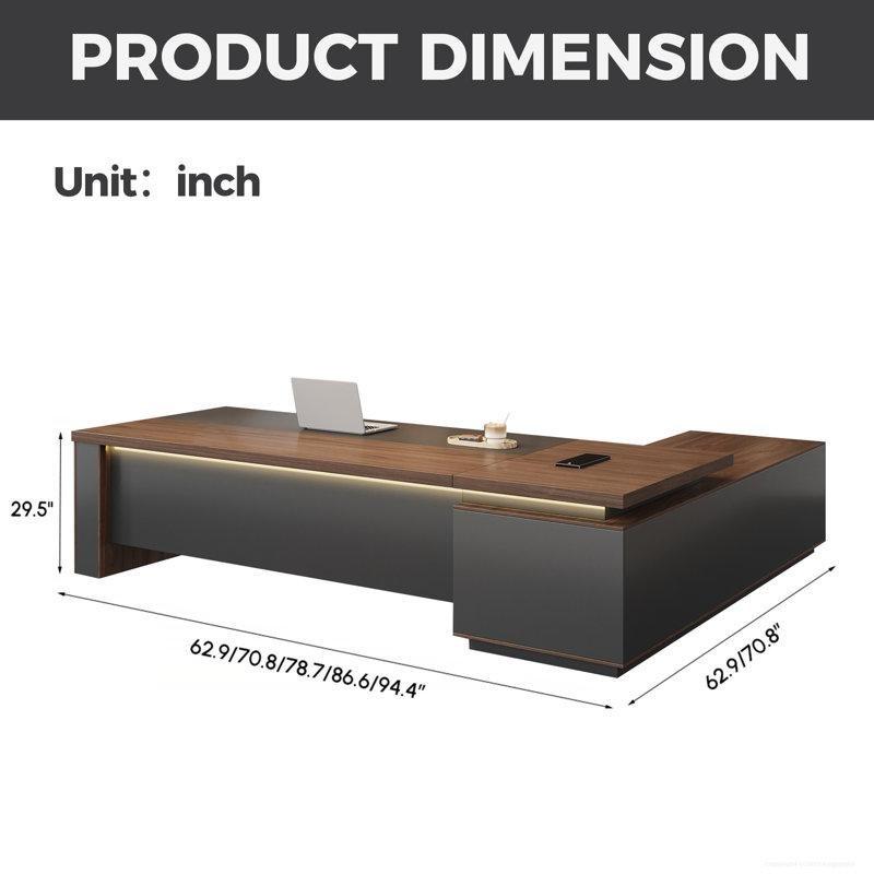 Ceviz LED Işıklı Kilitli Çekmeceli L Tipi Yönetici Ofis Masası - 180 cm - 177013