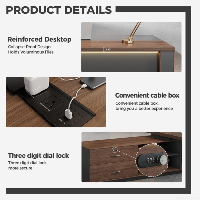 Ceviz LED Işıklı Kilitli Çekmeceli L Tipi Yönetici Ofis Masası - 180 cm - 177013
