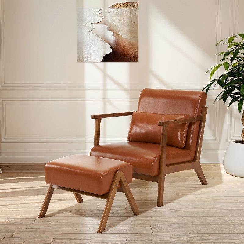 Ceviz Masif Ahşap Ayak Uzatmalı Suni Deri Tekli Koltuk - 202305