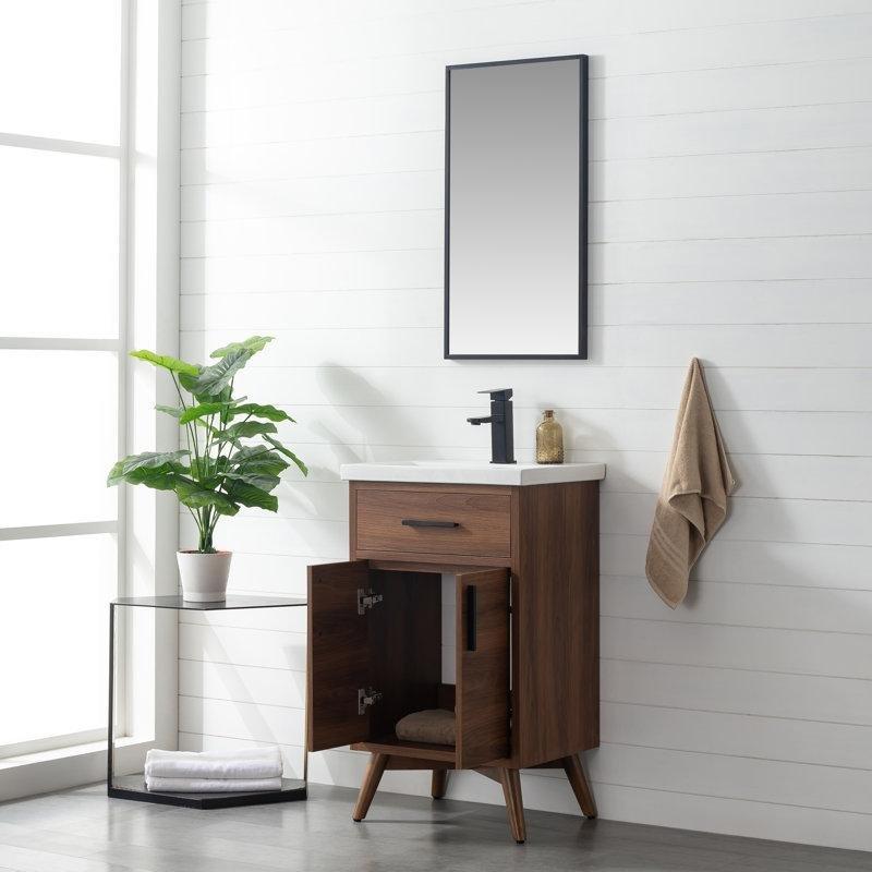 Ceviz Masif Ahşap Ayaklı Entegre Seramik Lavabolu Banyo Lavabo Dolabı - 52 cm - 199902