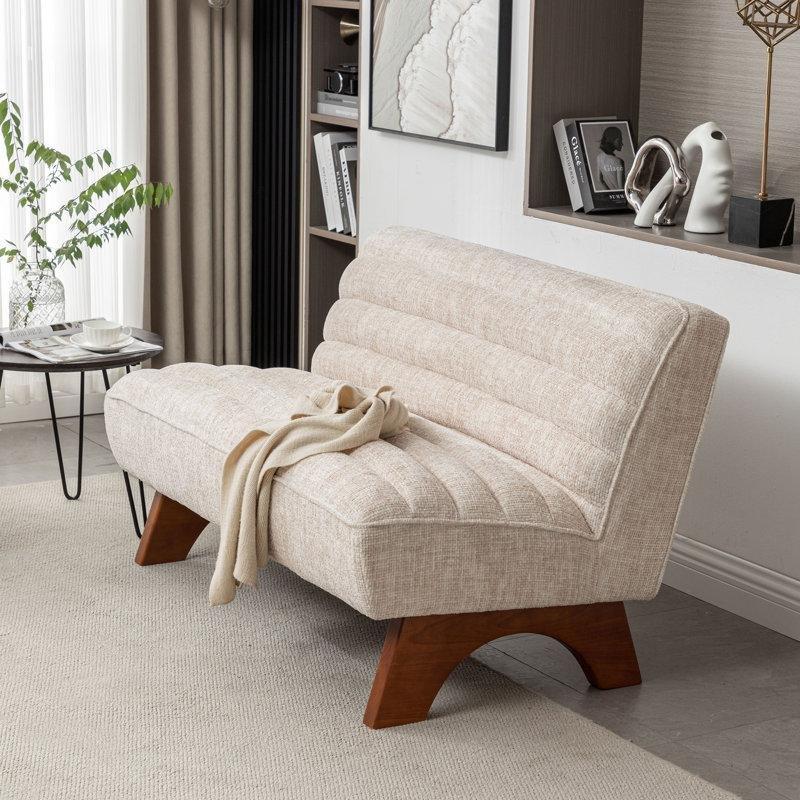 Ceviz Masif Ahşap Ayaklı Kapitoneli Kolsuz İkili Koltuk - 122 cm - 208469