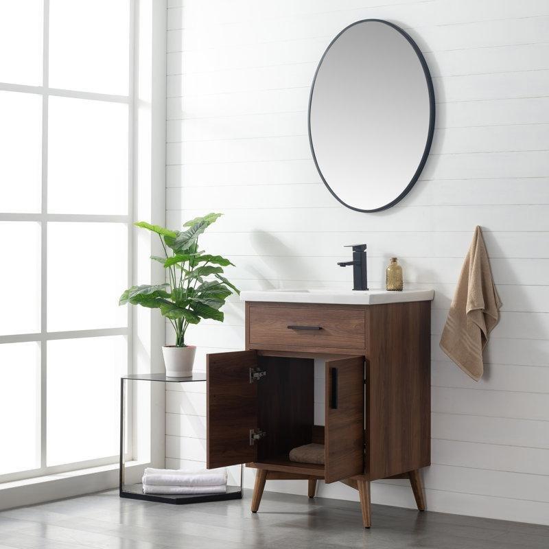 Ceviz Masif Ahşap Ayaklı Seramik Tezgahlı Banyo Lavabo Dolabı - 61 cm - 198293