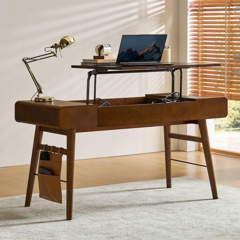 Ceviz Masif Ahşap Ayaklı Yüksekliği Ayarlanabilir USB Girişli Vintage Çalışma Masası - 154 cm - 234246