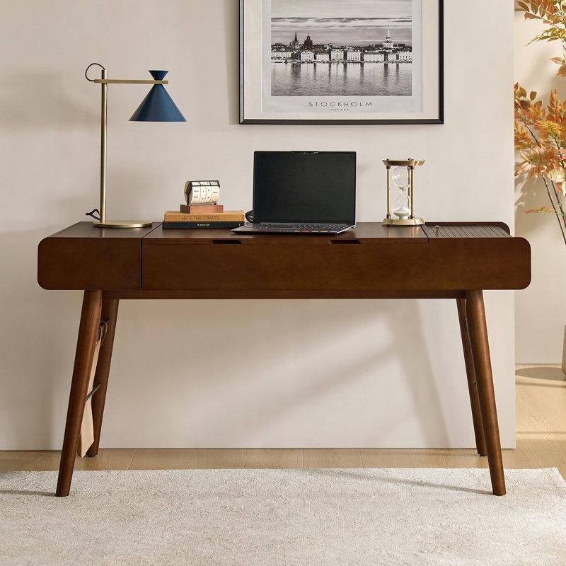Ceviz Masif Ahşap Ayaklı Yüksekliği Ayarlanabilir USB Girişli Vintage Çalışma Masası - 154 cm - 234246