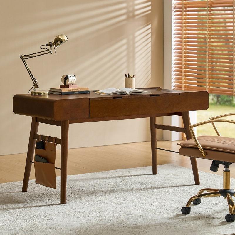 Ceviz Masif Ahşap Ayaklı Yüksekliği Ayarlanabilir USB Girişli Vintage Çalışma Masası - 154 cm - 234246