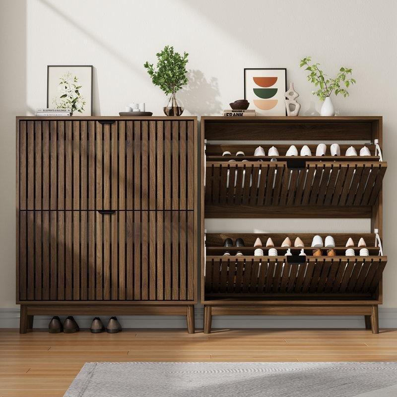 Ceviz Masif Ahşap Düşer Kapaklı Dikey Çıtalı Ayakkabılık - 81 cm - 229611