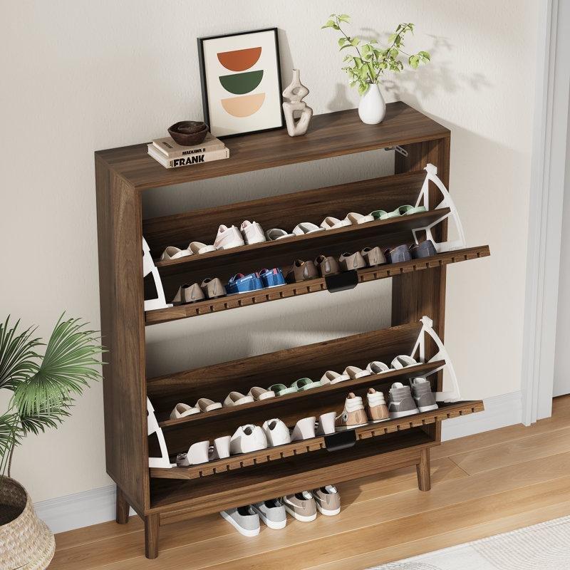 Ceviz Masif Ahşap Düşer Kapaklı Dikey Çıtalı Ayakkabılık - 81 cm - 229611
