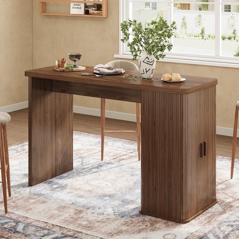 Ceviz Masif Ahşap ve MDF Çekmeceli Şarap Raflı Yivli Mutfak Adası - 150 cm - 176522