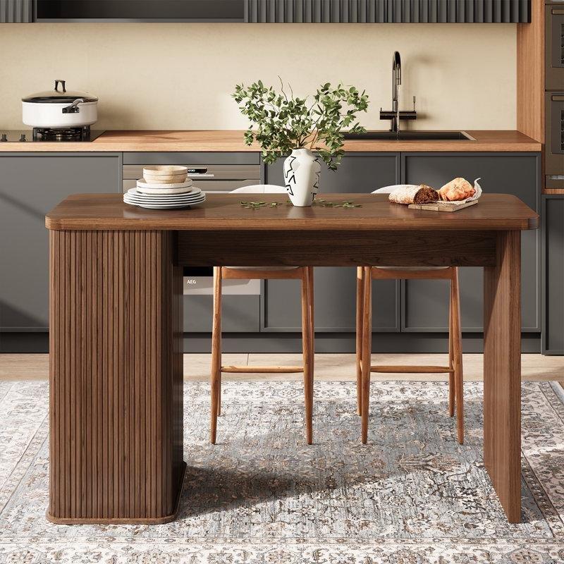 Ceviz Masif Ahşap ve MDF Çekmeceli Şarap Raflı Yivli Mutfak Adası - 150 cm - 176522