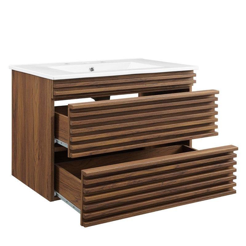 Ceviz MDF Duvara Monte Çekmeceli Banyo Lavabo Dolabı - 77 cm - 199638