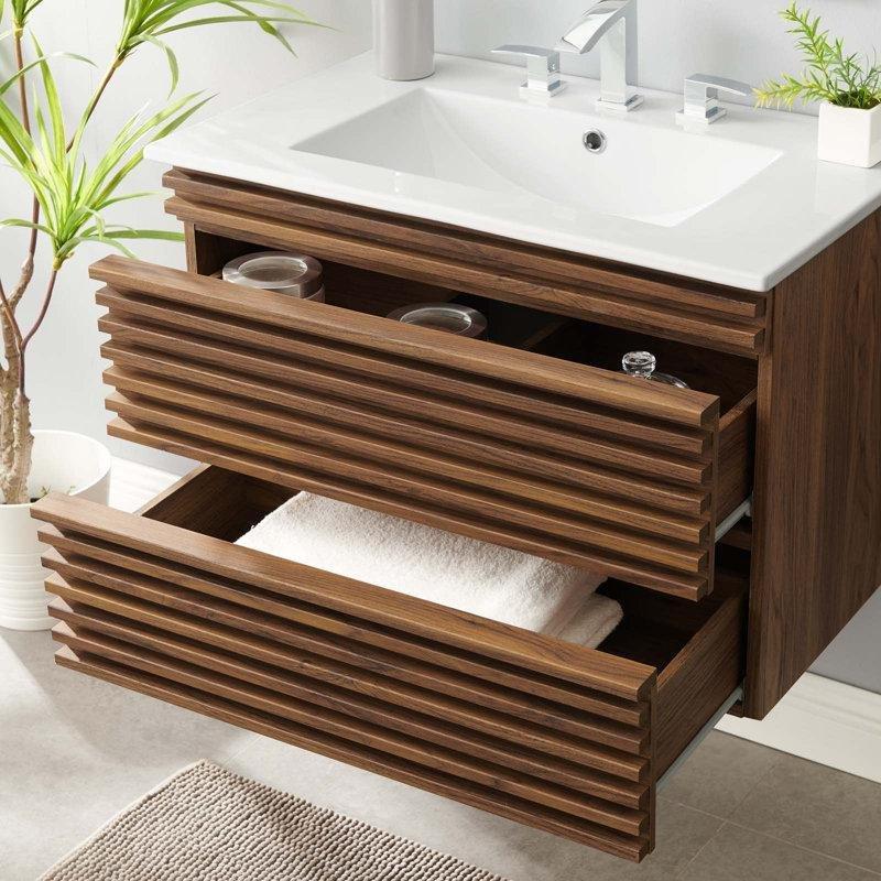 Ceviz MDF Duvara Monte Çekmeceli Banyo Lavabo Dolabı - 77 cm - 199638