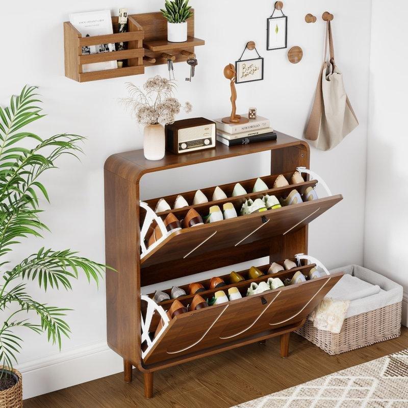 Ceviz MDF Kavisli 2 Düşer Kapaklı Ayakkabılık - 81x95 cm - 229571