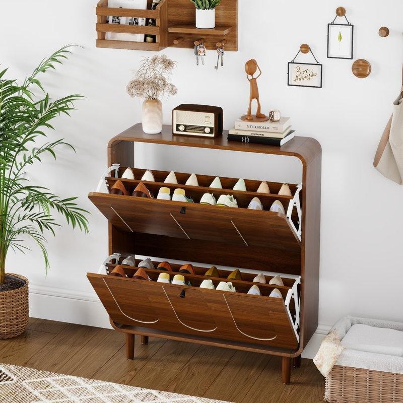 Ceviz MDF Kavisli 2 Düşer Kapaklı Ayakkabılık - 81x95 cm - 229571