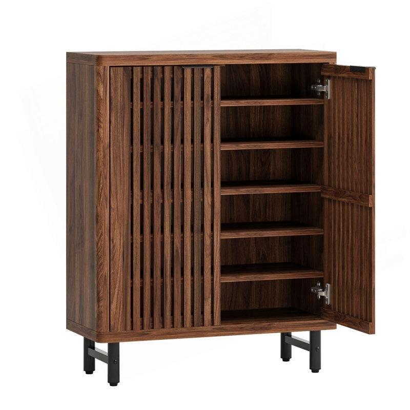 Ceviz MDF Metal Ayaklı Panjur Kapaklı 6 Raflı Ayakkabılık - 85x35x110 cm - 229928