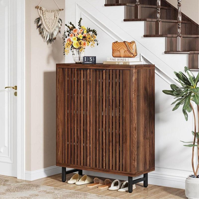 Ceviz MDF Metal Ayaklı Panjur Kapaklı 6 Raflı Ayakkabılık - 85x35x110 cm - 229928