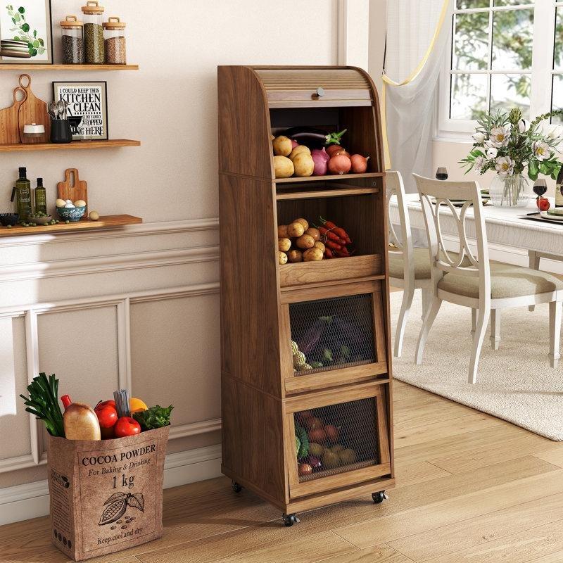 Ceviz MDF Tekerlekli 4 Kapaklı Raflı Sebzelik - 130x40x39 cm - 177620
