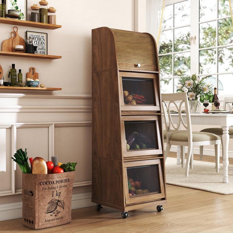 Ceviz MDF Tekerlekli 4 Kapaklı Raflı Sebzelik - 130x40x39 cm - 177620
