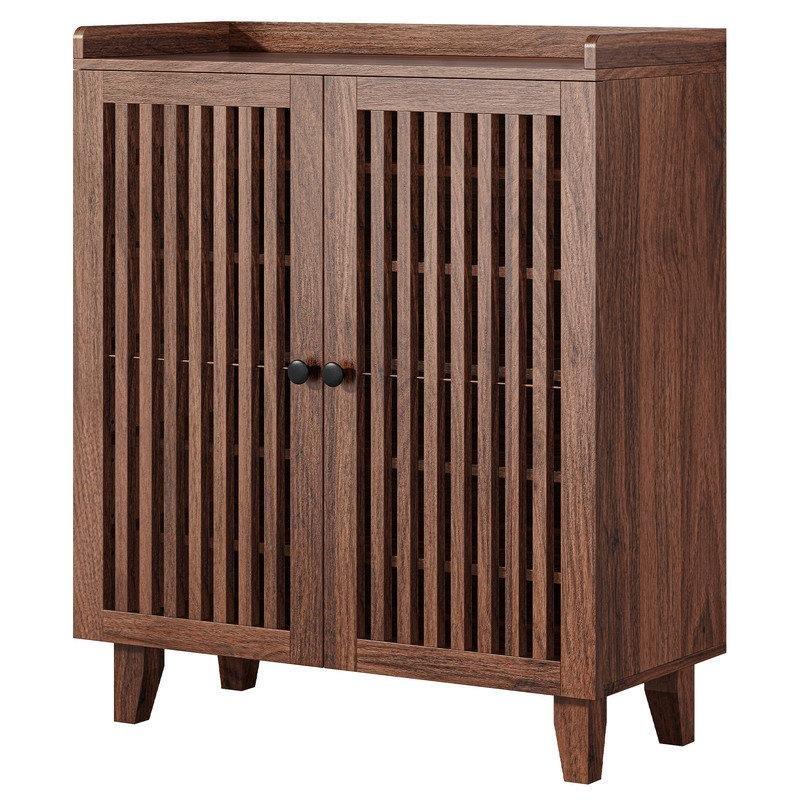 Ceviz MDF ve Masif Ahşap Çıtalı Kapaklı 6 Raflı Ayakkabılık - 80x108 cm - 229118