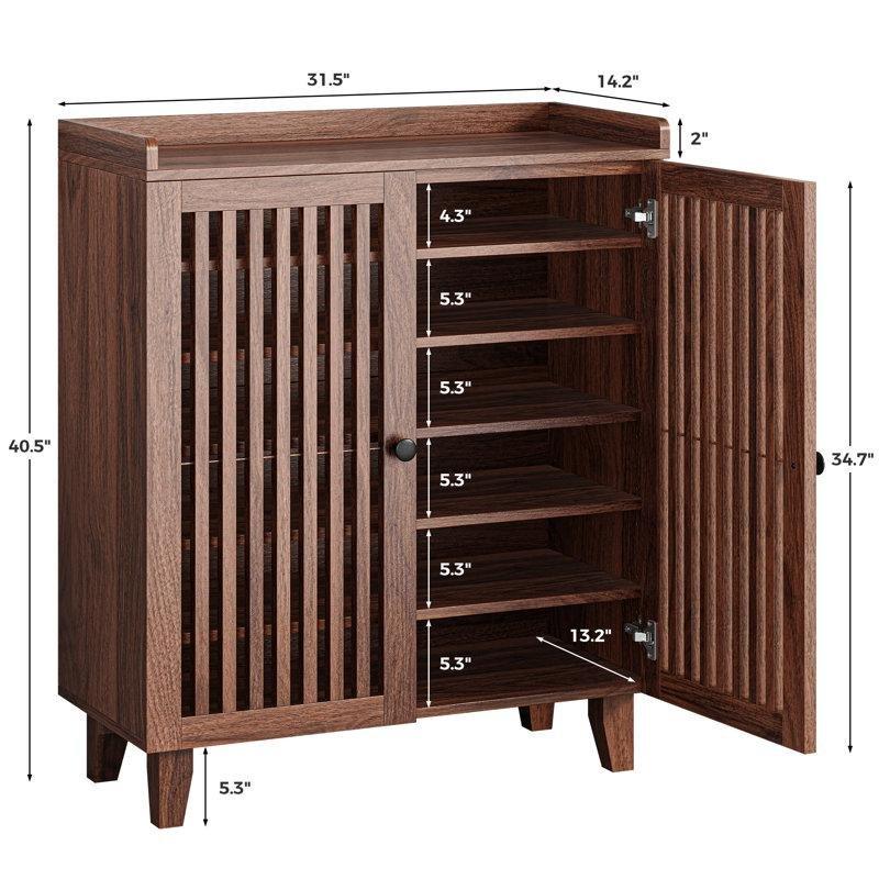 Ceviz MDF ve Masif Ahşap Çıtalı Kapaklı 6 Raflı Ayakkabılık - 80x108 cm - 229118
