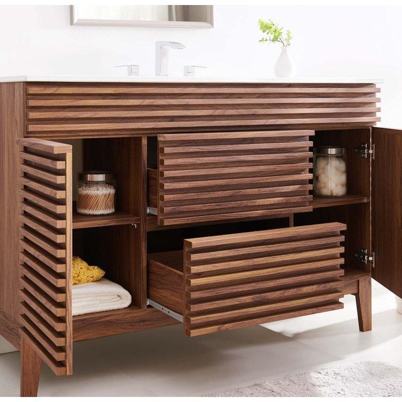 Ceviz MDF Yavaş Kapanır Çekmeceli Ayaklı Banyo Lavabo Dolabı - 122 cm - 199405