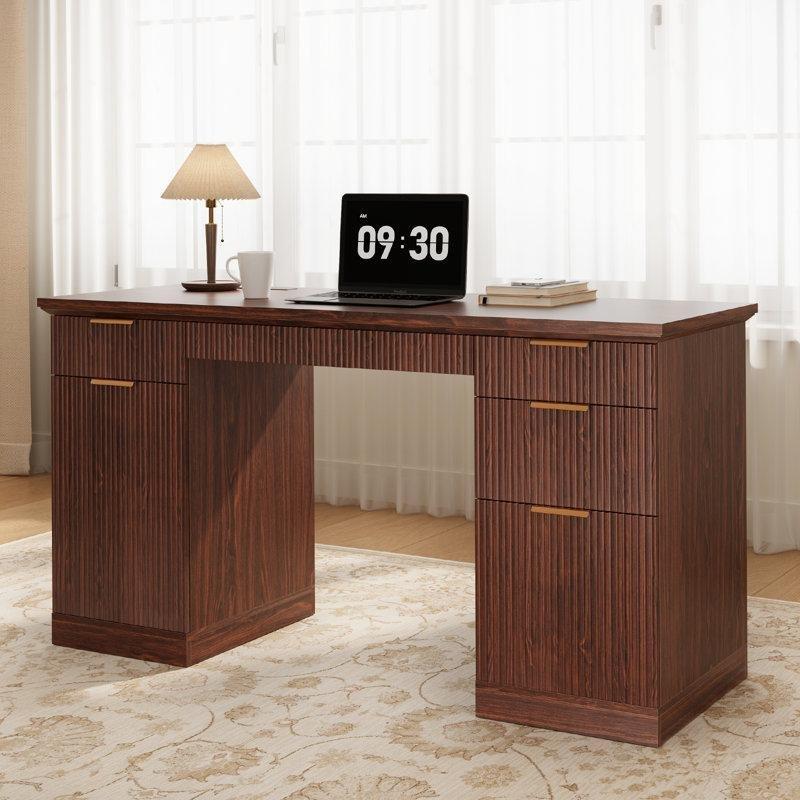 Ceviz MDF Yivli Çekmeceli Dosya Dolaplı Şarj İstasyonlu Ofis Masası - 147 cm - 176988