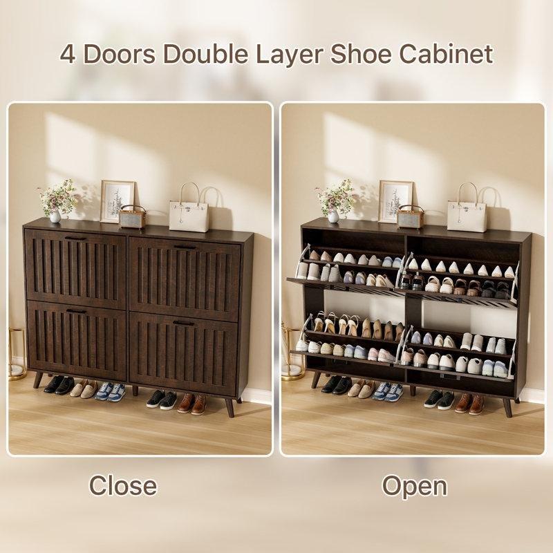 Ceviz MDF Yivli Tasarım 4 Düşer Kapaklı Ayakkabılık - 119 cm - 227159