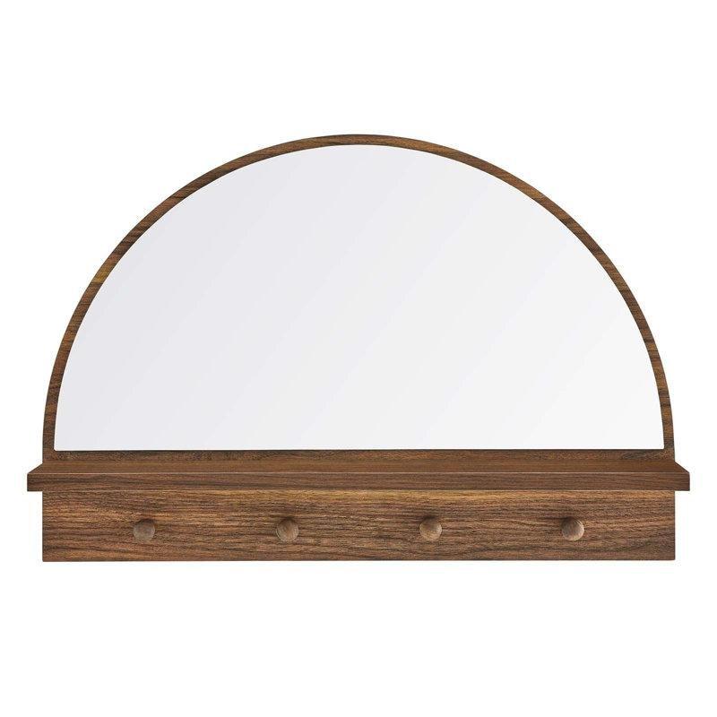 Ceviz Mindi Ağacı Kemerli Aynalı ve 4 Askılı Duvar Rafı - 58x39 cm - 179081