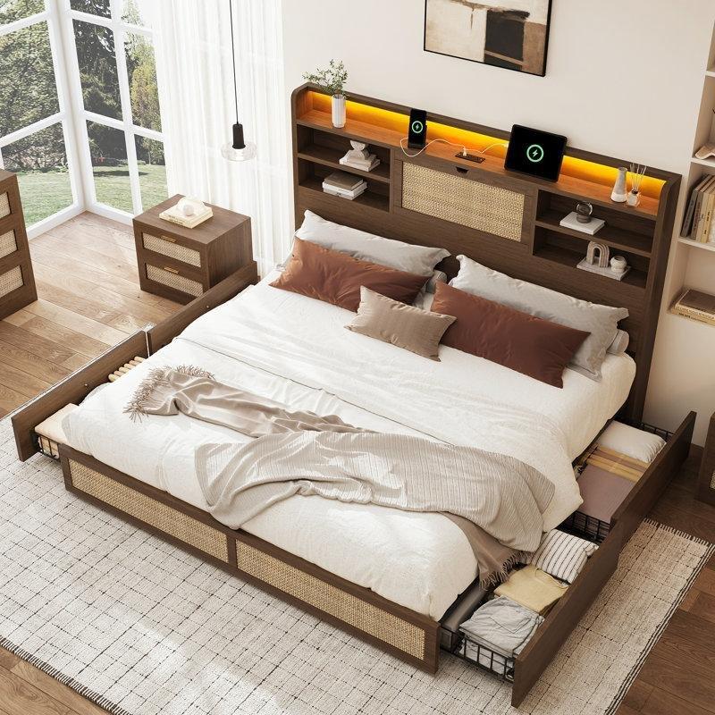 Ceviz Rattan Ahşap 4 Çekmeceli LED Işıklı Şarj İstasyonlu Bohem Yatak Odası - 181807