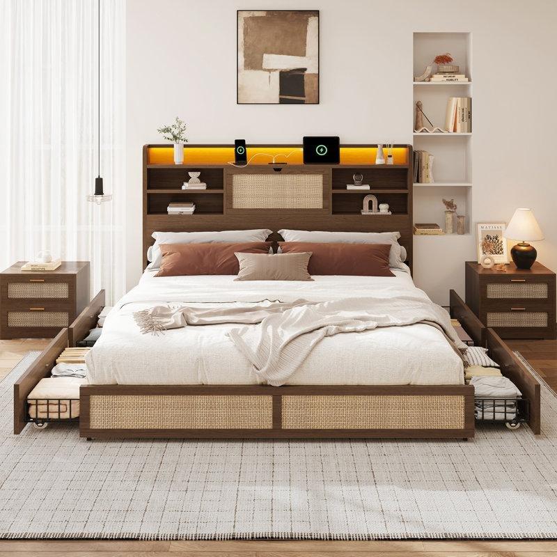 Ceviz Rattan Ahşap 4 Çekmeceli LED Işıklı Şarj İstasyonlu Bohem Yatak Odası - 181807