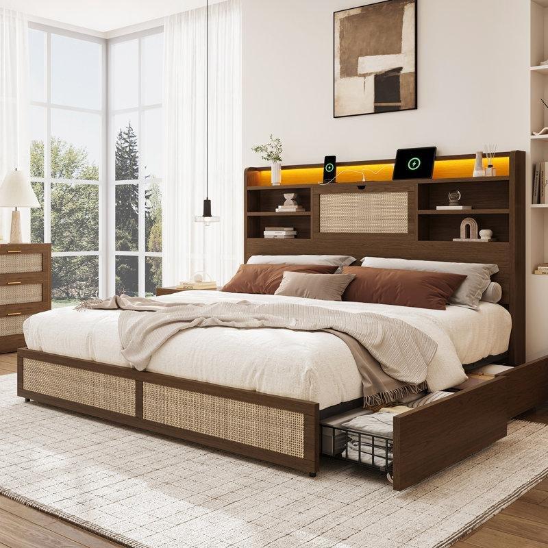 Ceviz Rattan Ahşap 4 Çekmeceli LED Işıklı Şarj İstasyonlu Bohem Yatak Odası - 181807