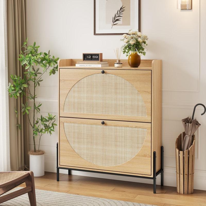 Ceviz Rattan Kapaklı MDF Düşer Kapaklı Ayakkabılık - 80x24x100 cm - 228514