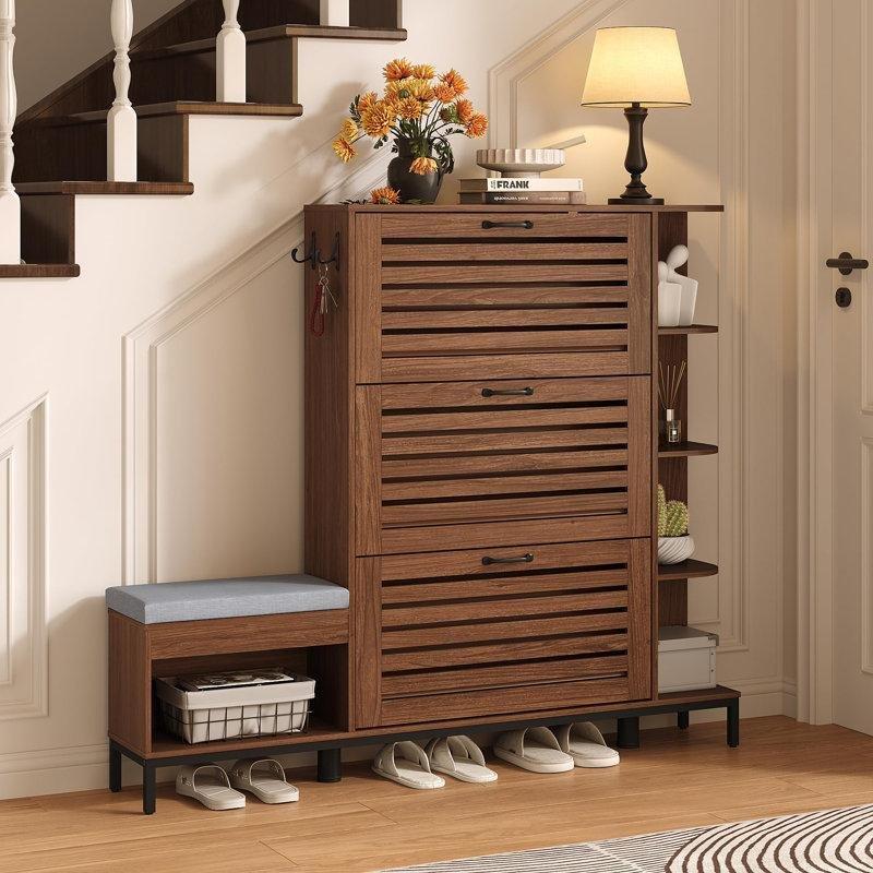 Ceviz Rengi Ahşap Puflu 3 Düşer Kapaklı Panjurlu Ayakkabılık - 144x24x125 cm - 227788