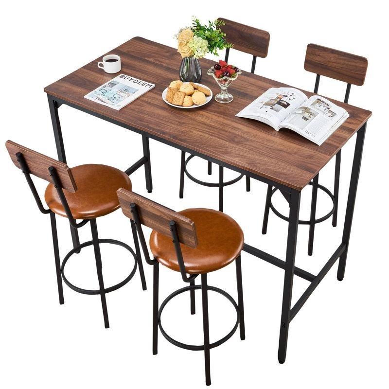 Ceviz Rengi Ahşap ve Siyah Metal 4 Tabureli Dikdörtgen Bar Masası Seti - 120x60x92 cm - 231490