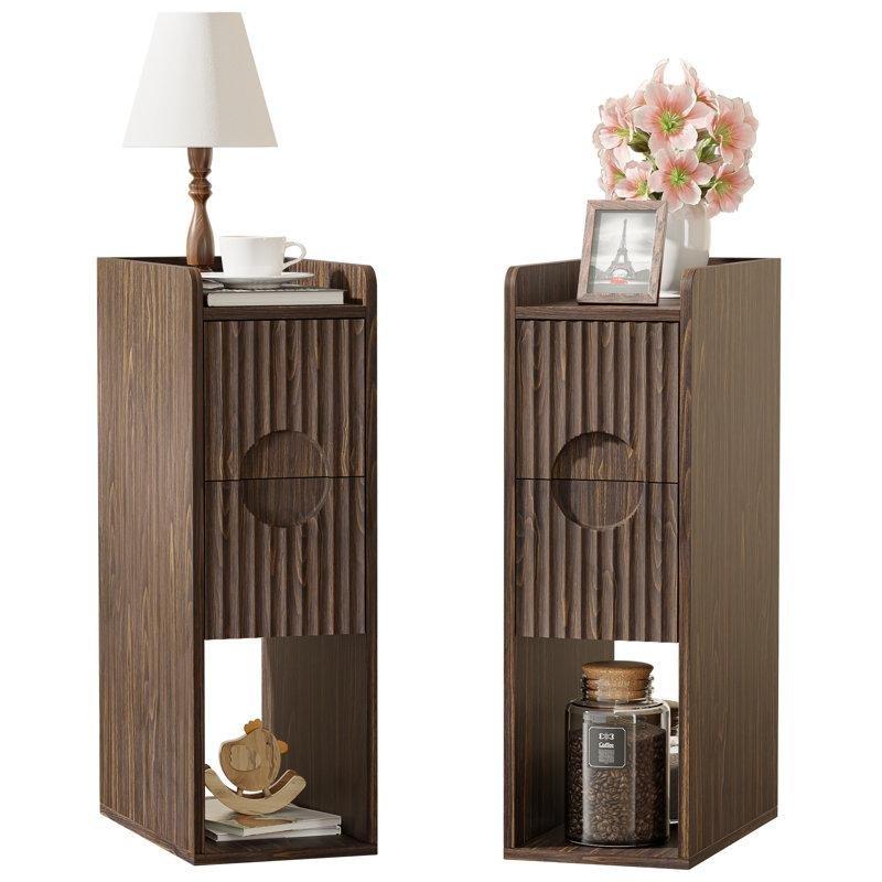 Ceviz Rengi Ahşap Yivli Çekmeceli Raflı Dar İkili Komodin - 60x21 cm - 223012