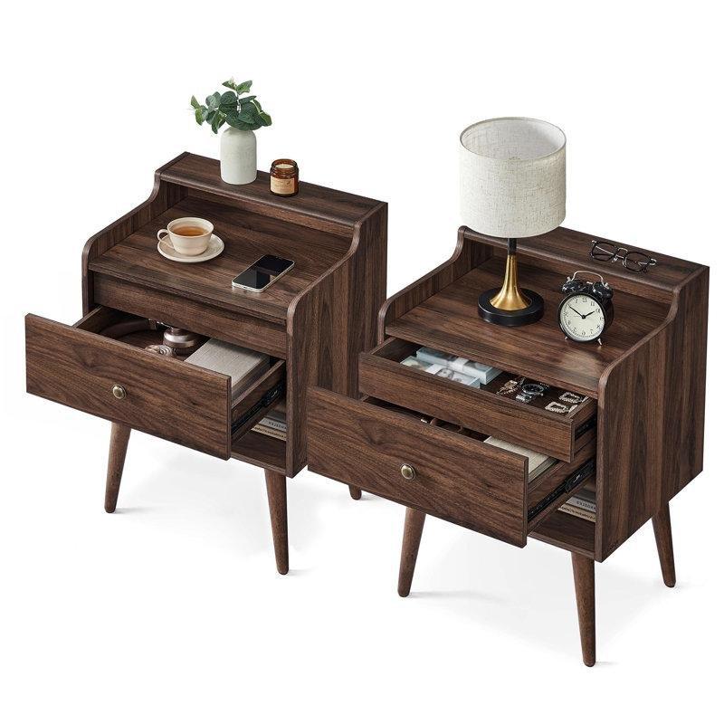 Ceviz Rengi Masif Ahşap Ayaklı Gizli Çekmeceli İkili Komodin Seti - 50x40 cm - 222632