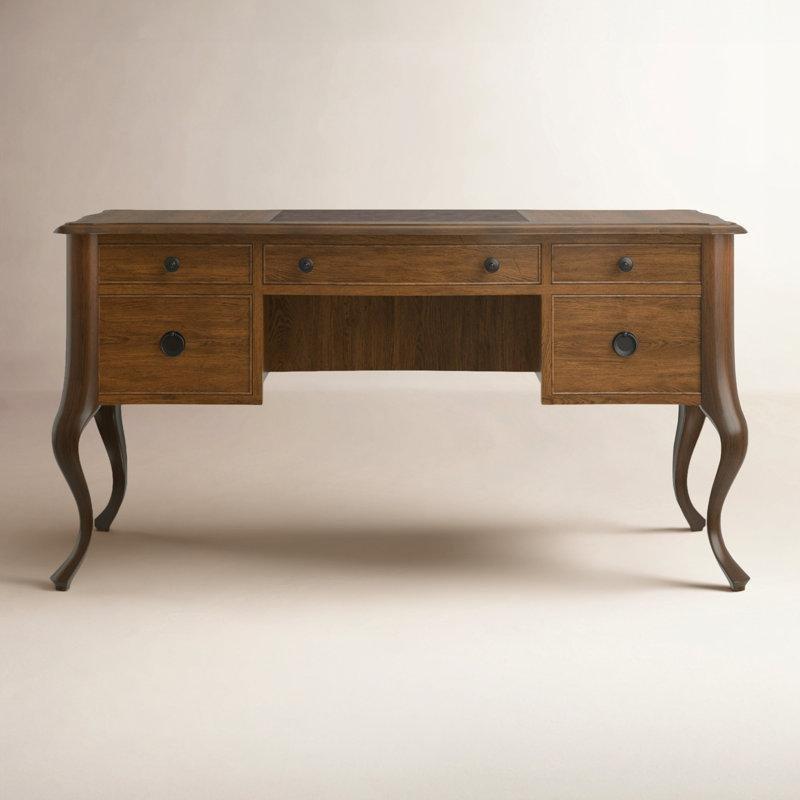 Ceviz Rengi Masif Ahşap Deri Yüzeyli Eskitme Tasarım Vintage Çalışma Masası - 154x74 cm - 234282