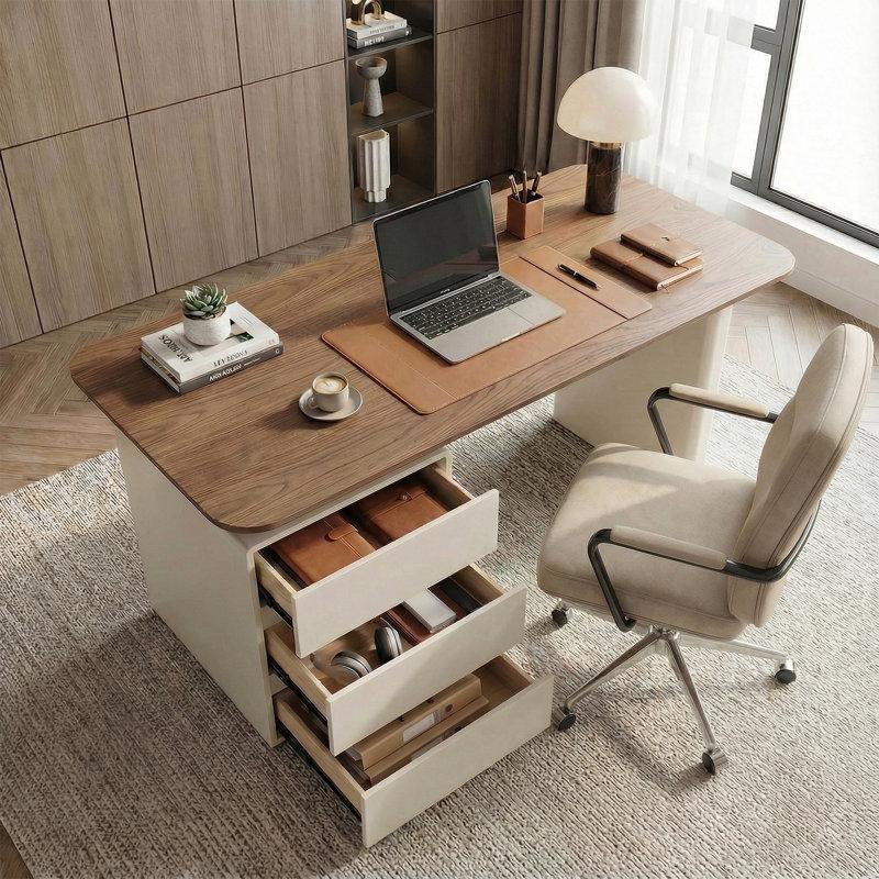 Ceviz Rengi Masif Ahşap Tablalı 3 Çekmeceli Modern Ofis Masası - 161 cm - 177192