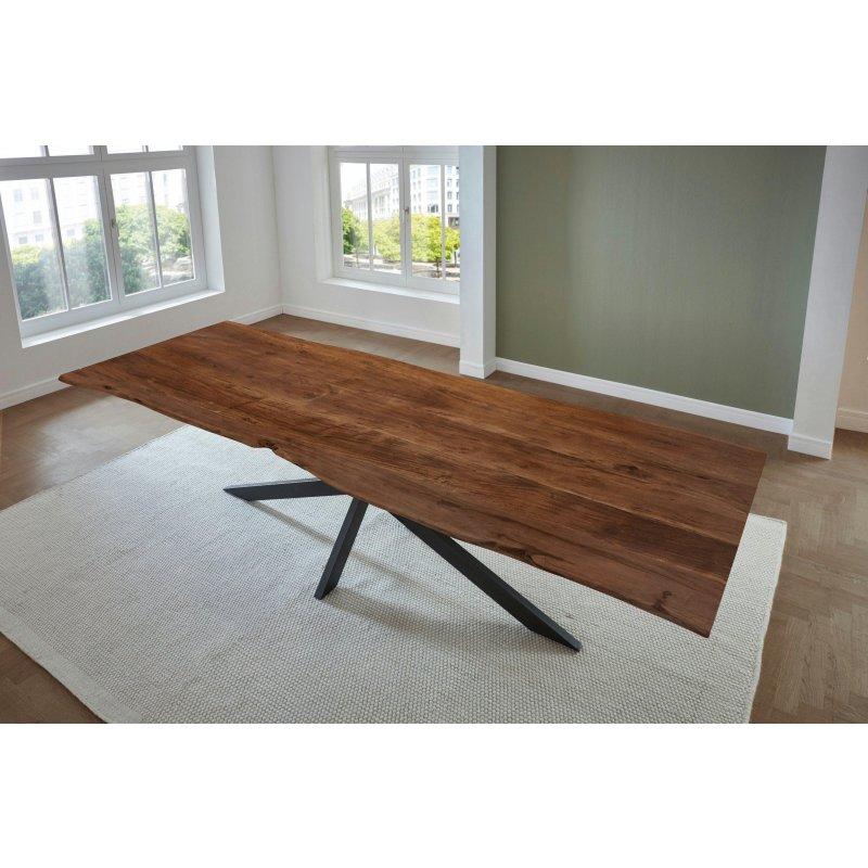 Ceviz Rengi Masif Akasya Doğal Kenar Siyah Metal Örümcek Ayaklı Bohem Yemek Masası - 140x80 cm - 235763