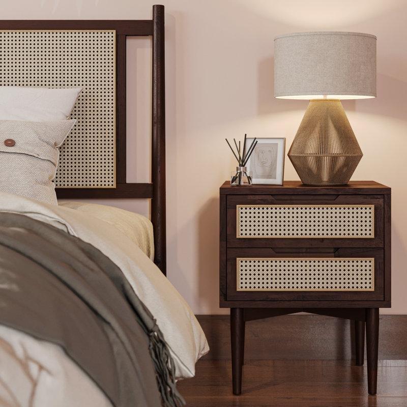 Ceviz Rengi Masif Akasya Rattan Detaylı İki Çekmeceli Komodin - 50x40x62 cm - 222951