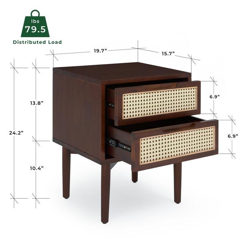 Ceviz Rengi Masif Akasya Rattan Detaylı İki Çekmeceli Komodin - 50x40x62 cm - 222951