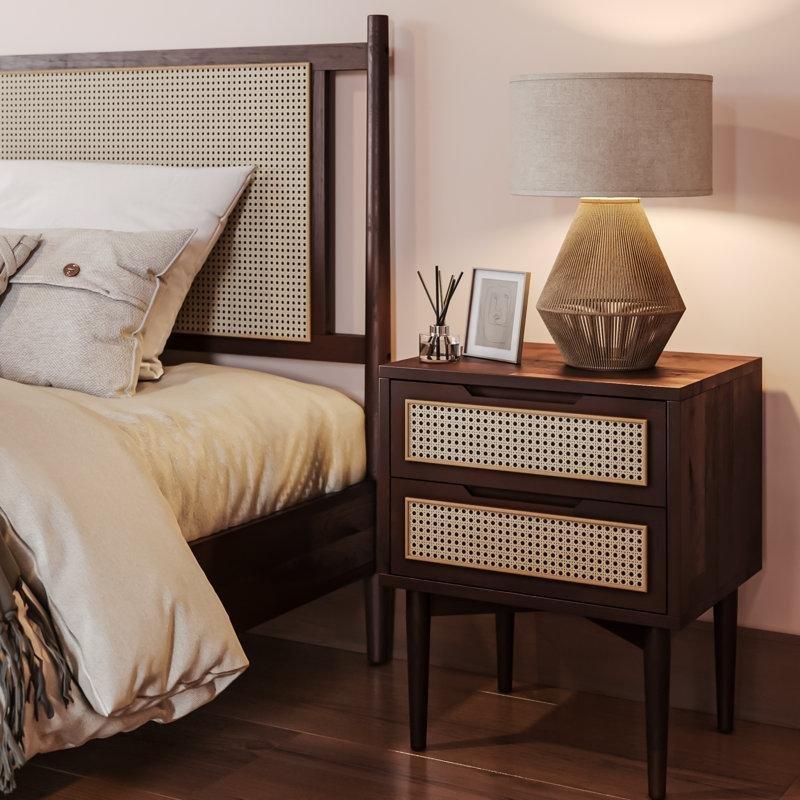Ceviz Rengi Masif Akasya Rattan Detaylı İki Çekmeceli Komodin - 50x40x62 cm - 222951