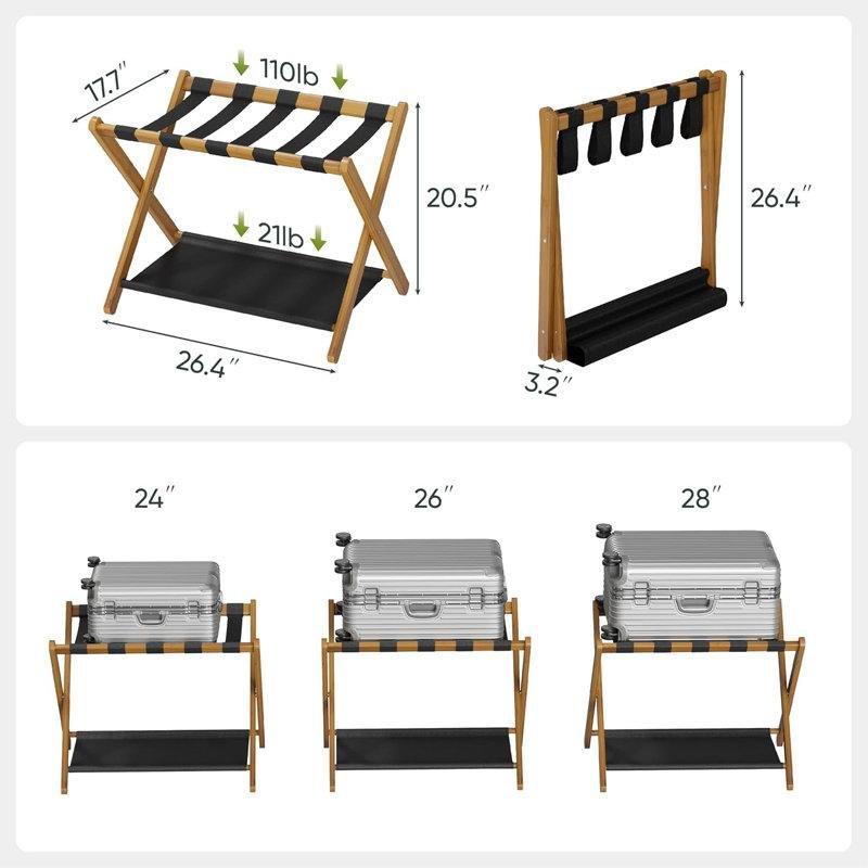 Ceviz Rengi Masif Bambu Katlanabilir Raflı Valiz Sehpası - 68 cm - 186928