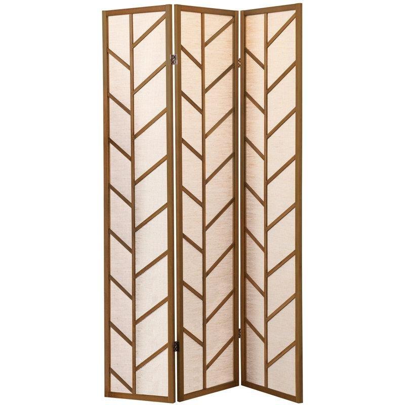 Ceviz Rengi Masif Çam Ahşap Tüy Desenli 3 Panelli Katlanır Paravan - 133x179 cm - 184478