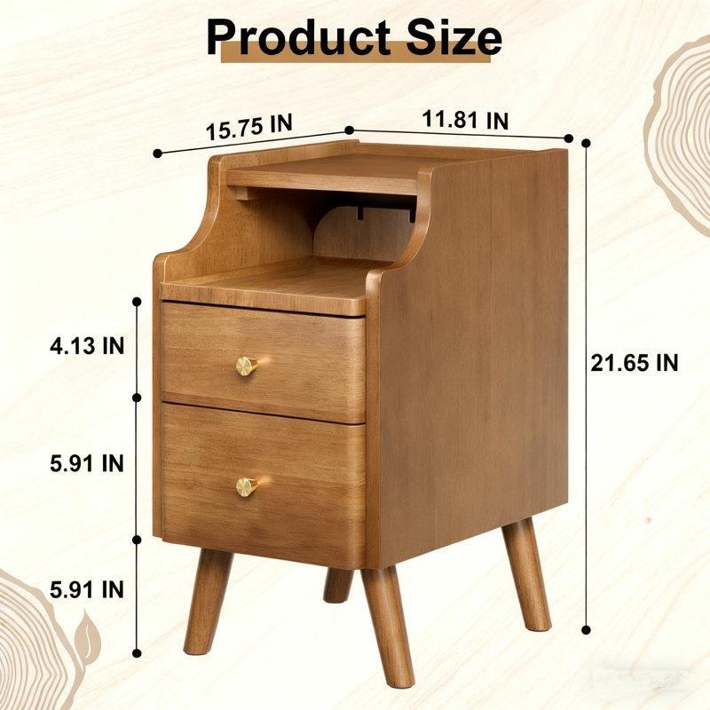 Ceviz Rengi Masif Kauçuk Ağacı 2 Çekmeceli Raflı Dar Komodin - 30x40x56 cm - 224333