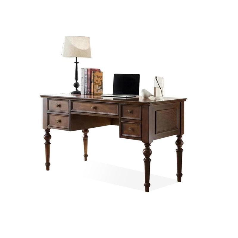 Ceviz Rengi Masif Kauçuk Ağacı 5 Çekmeceli Vintage Çalışma Masası - 140x70 cm - 234489