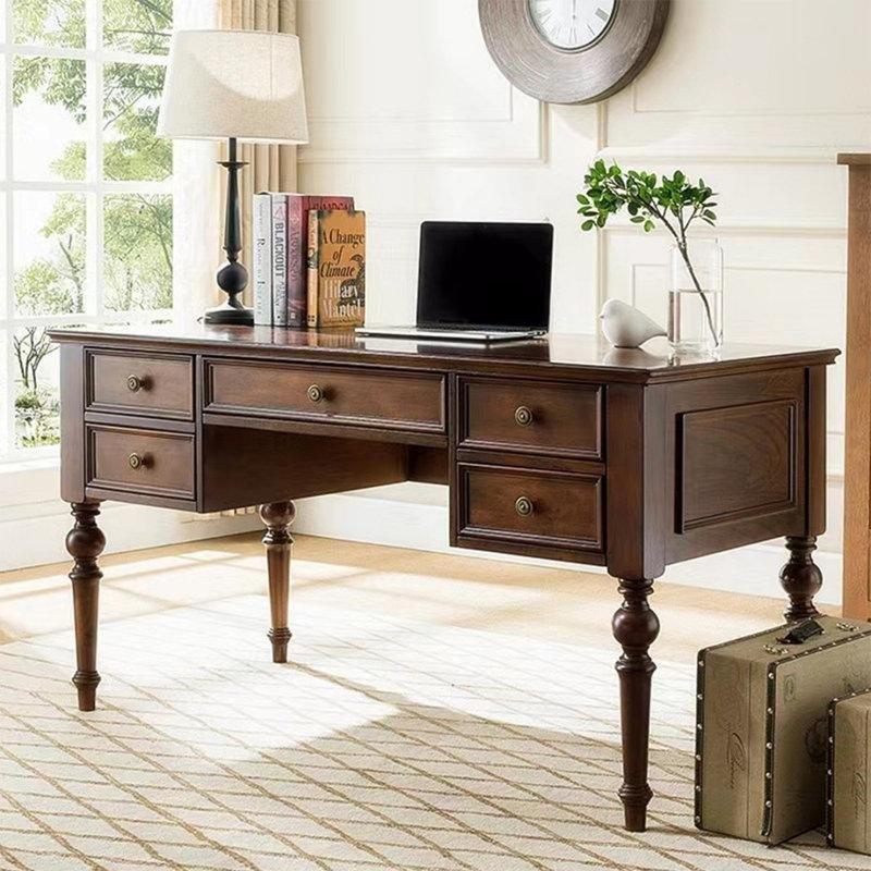 Ceviz Rengi Masif Kauçuk Ağacı 5 Çekmeceli Vintage Çalışma Masası - 140x70 cm - 234489